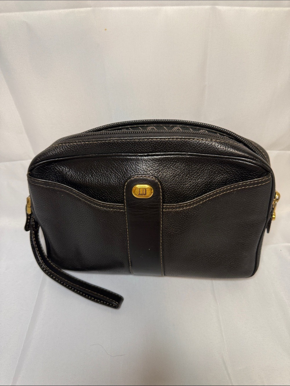 Dunhill Black Leather Wrist Strap Toiletry Pouch with Gold Accents
